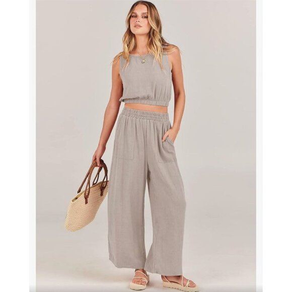 Anrabess Womens 2 Pc Crop Top & Wide Leg Pants Linen Jumpsuit Set Size M Casual - Picture 4 of 13